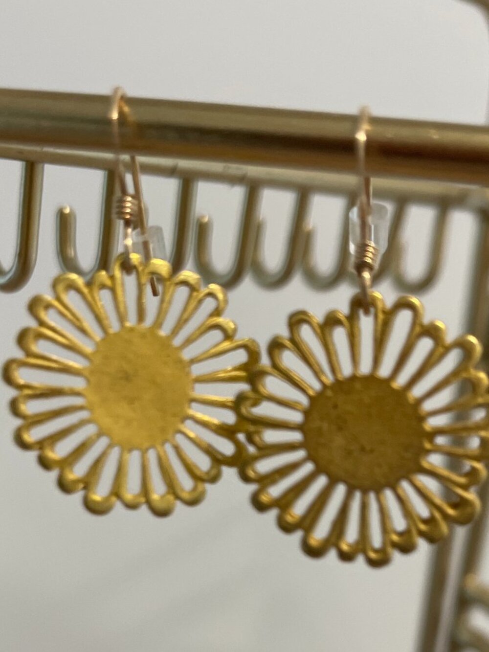 Gold Sunflower Dangle Earrings 14Kt gold Filled French Hook Statement Drop - Picture 4 of 8